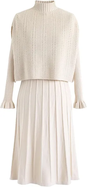 CHICWISH Women's Cream/Apricot/Black/Teal/Mint Mock Neck Pleated Knit Twinset Dress