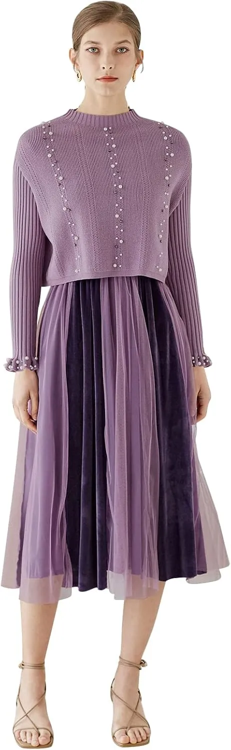 CHICWISH Women's Cream/Apricot/Black/Teal/Mint Mock Neck Pleated Knit Twinset Dress