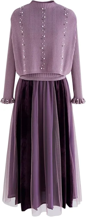 CHICWISH Women's Cream/Apricot/Black/Teal/Mint Mock Neck Pleated Knit Twinset Dress