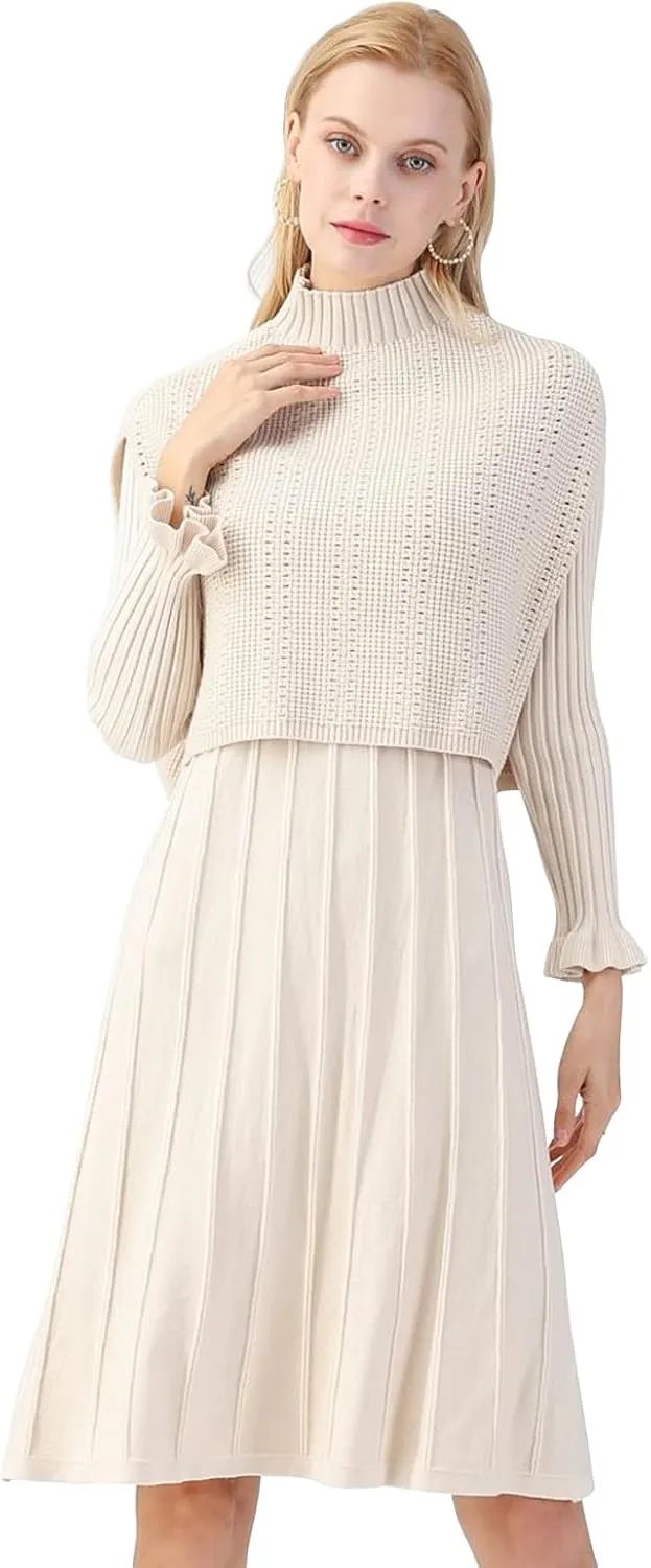 CHICWISH Women's Cream/Apricot/Black/Teal/Mint Mock Neck Pleated Knit Twinset Dress