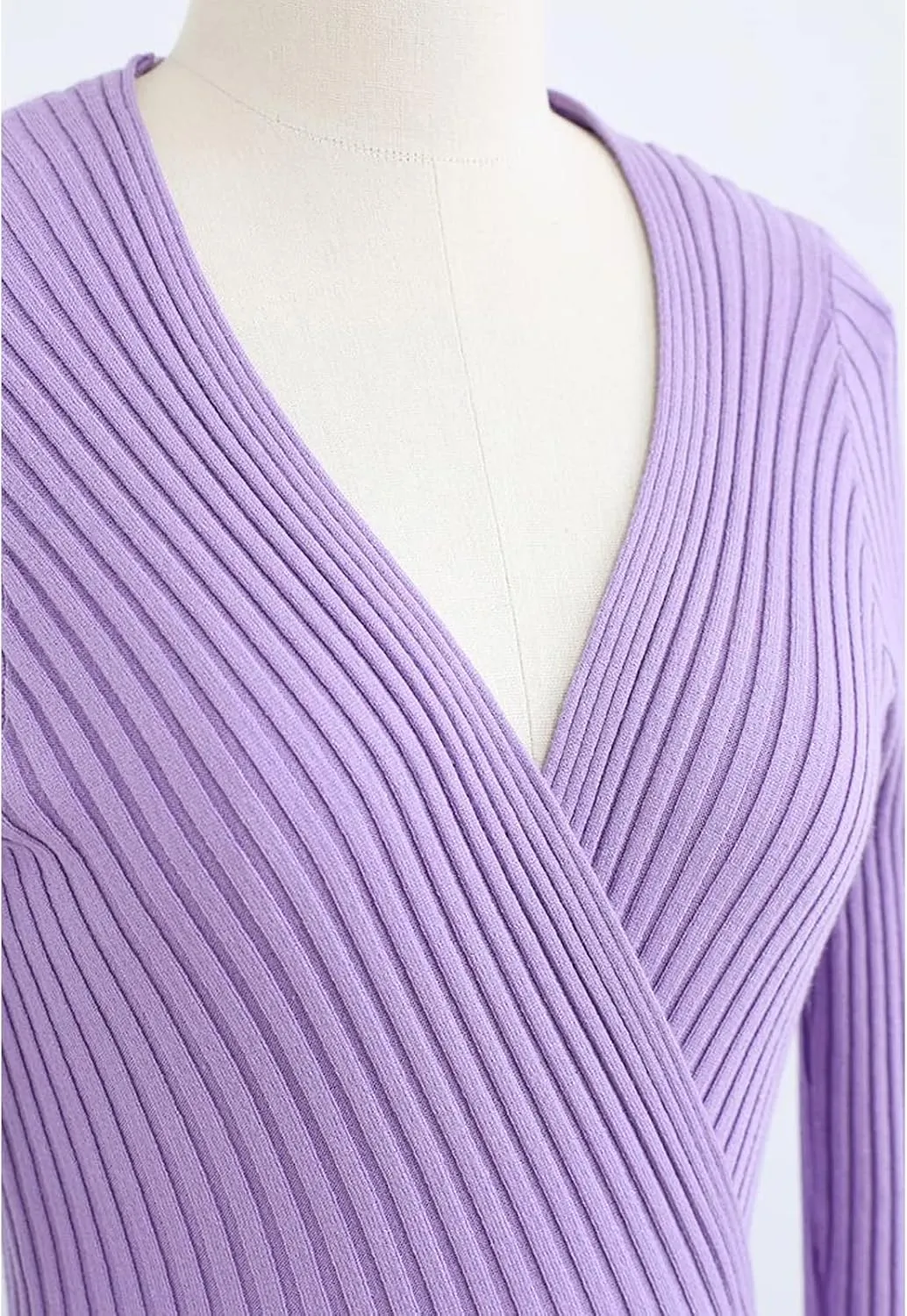 CHICWISH Women's Lilac/Black/Camel/Baby Blue V-Neck Soft Knit Contrast Hem Wrap Midi Dress