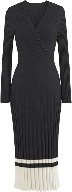 CHICWISH Women's Lilac/Black/Camel/Baby Blue V-Neck Soft Knit Contrast Hem Wrap Midi Dress