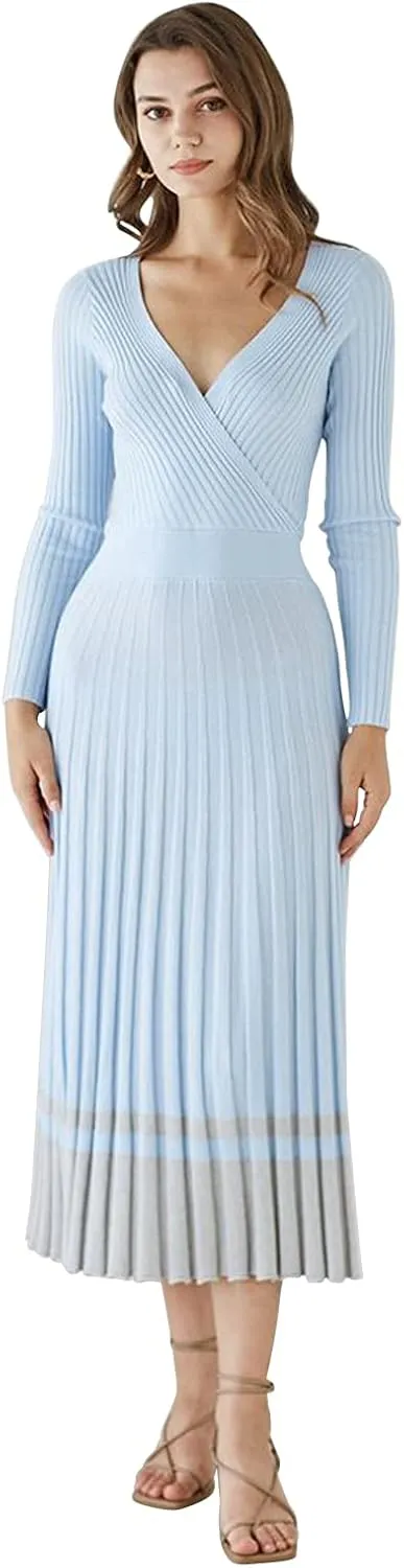 CHICWISH Women's Lilac/Black/Camel/Baby Blue V-Neck Soft Knit Contrast Hem Wrap Midi Dress