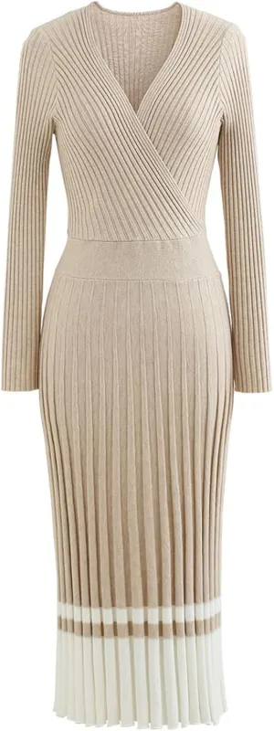 CHICWISH Women's Lilac/Black/Camel/Baby Blue V-Neck Soft Knit Contrast Hem Wrap Midi Dress