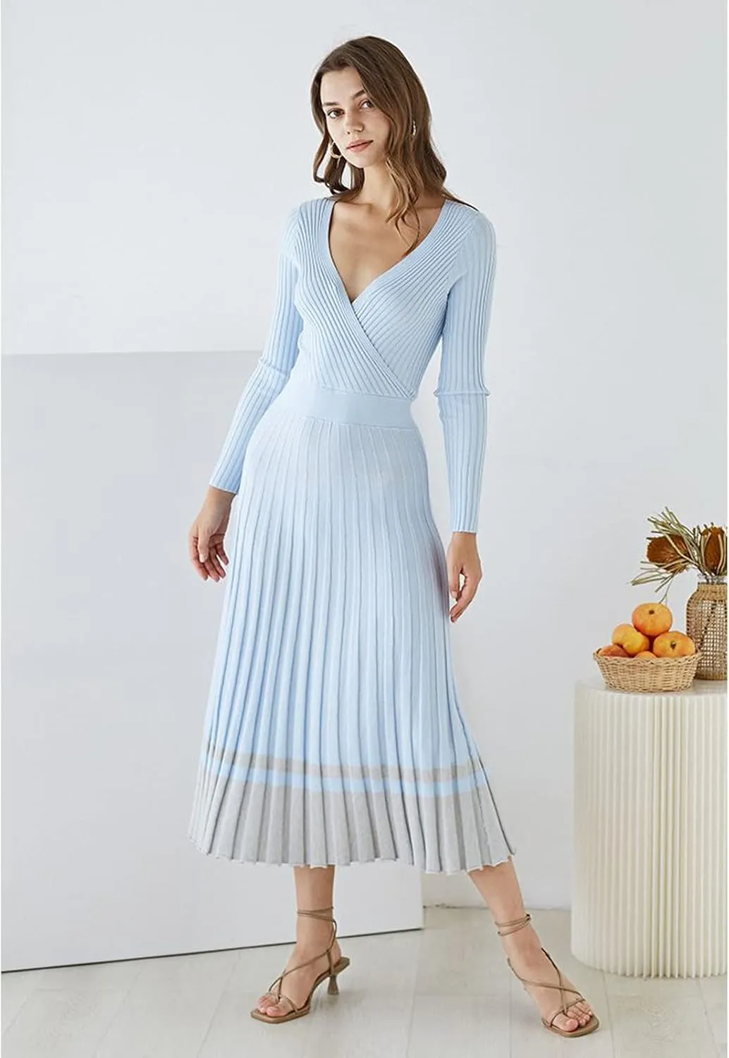 CHICWISH Women's Lilac/Black/Camel/Baby Blue V-Neck Soft Knit Contrast Hem Wrap Midi Dress