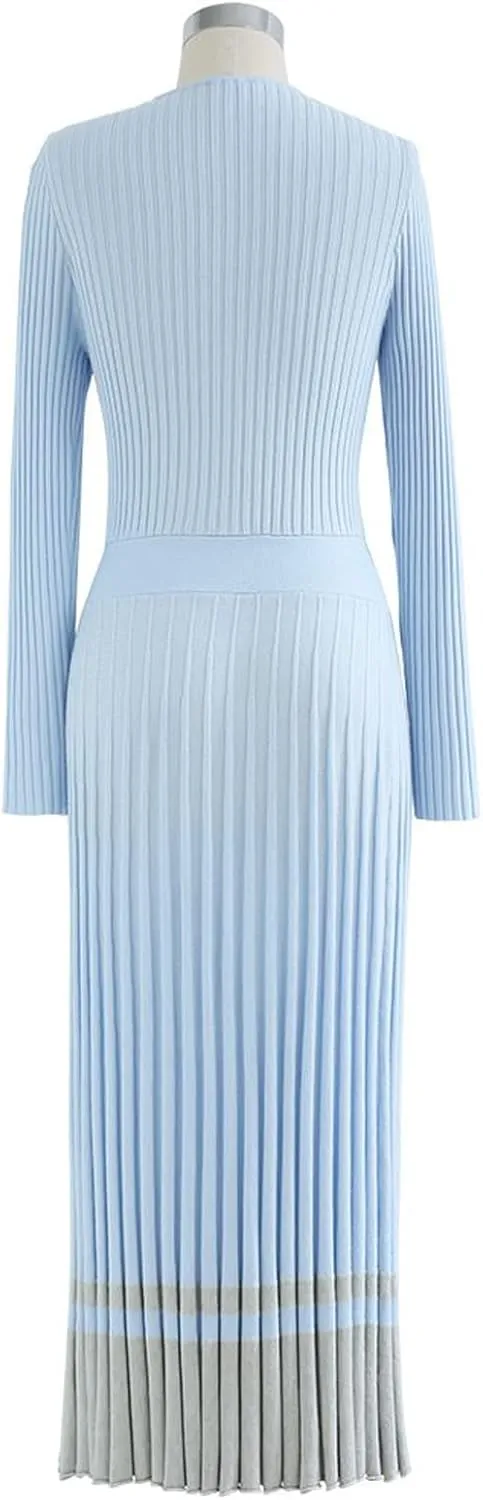 CHICWISH Women's Lilac/Black/Camel/Baby Blue V-Neck Soft Knit Contrast Hem Wrap Midi Dress
