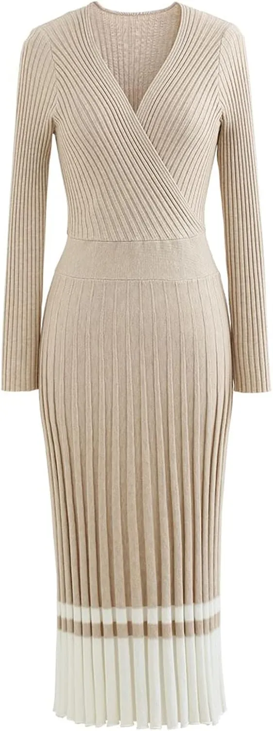 CHICWISH Women's Lilac/Black/Camel/Baby Blue V-Neck Soft Knit Contrast Hem Wrap Midi Dress