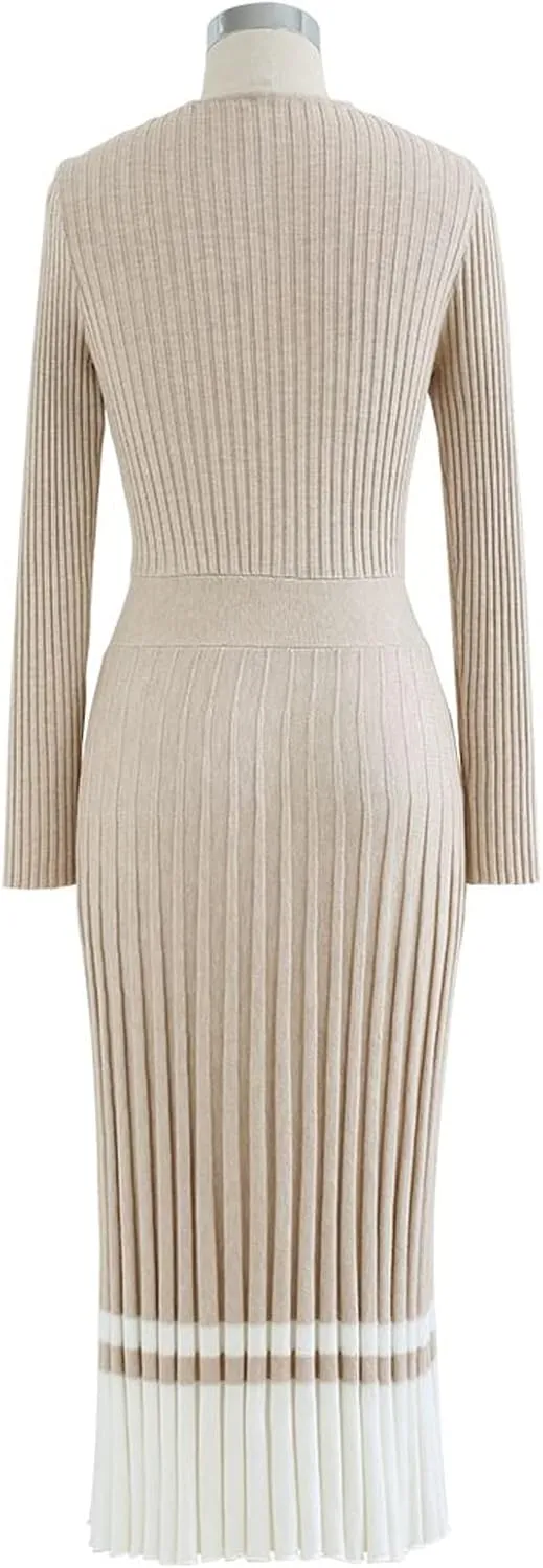 CHICWISH Women's Lilac/Black/Camel/Baby Blue V-Neck Soft Knit Contrast Hem Wrap Midi Dress