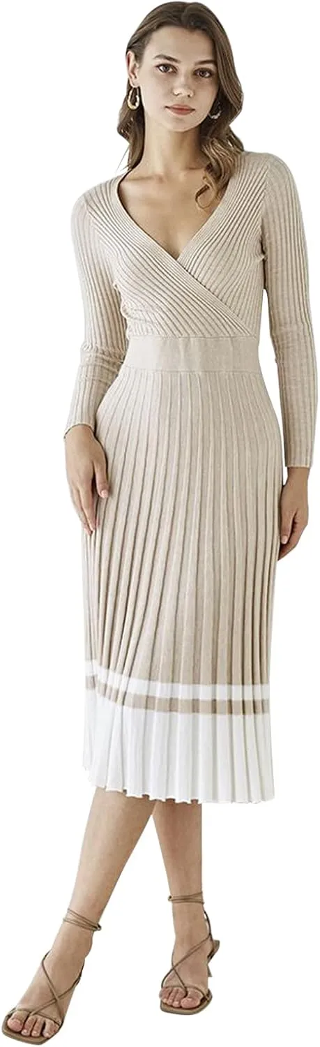 CHICWISH Women's Lilac/Black/Camel/Baby Blue V-Neck Soft Knit Contrast Hem Wrap Midi Dress