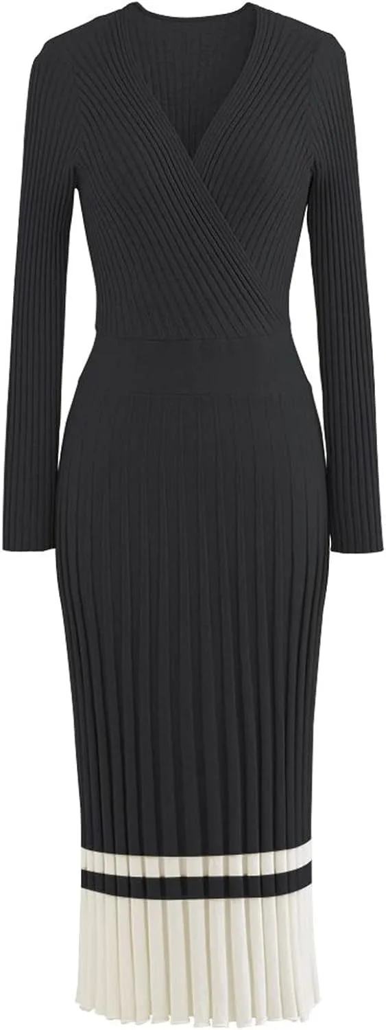 CHICWISH Women's Lilac/Black/Camel/Baby Blue V-Neck Soft Knit Contrast Hem Wrap Midi Dress