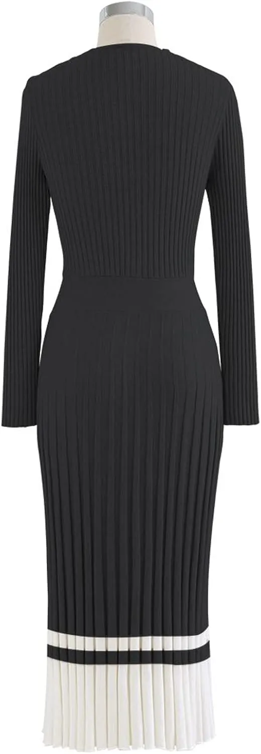 CHICWISH Women's Lilac/Black/Camel/Baby Blue V-Neck Soft Knit Contrast Hem Wrap Midi Dress