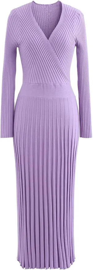 CHICWISH Women's Lilac/Black/Camel/Baby Blue V-Neck Soft Knit Contrast Hem Wrap Midi Dress