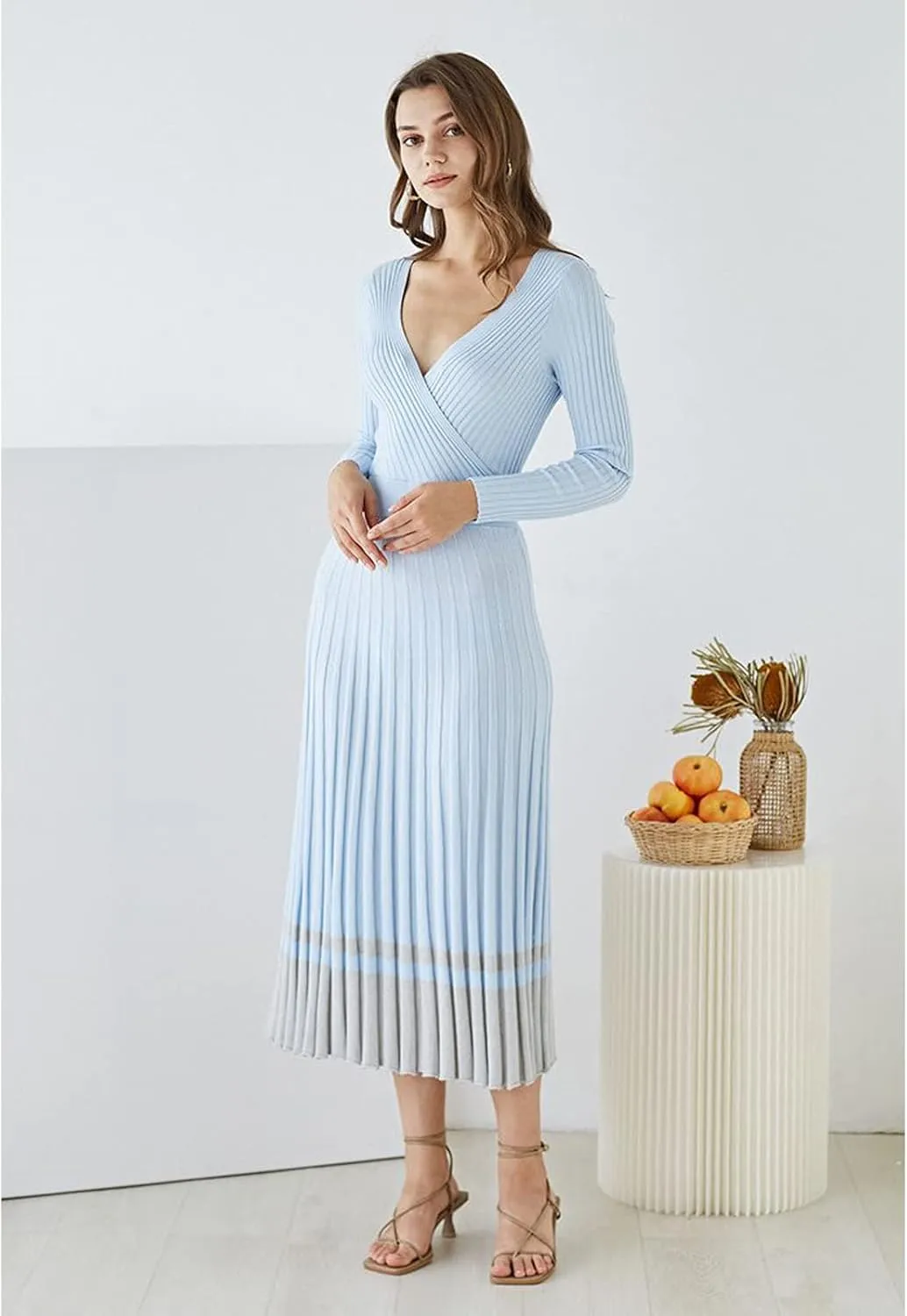 CHICWISH Women's Lilac/Black/Camel/Baby Blue V-Neck Soft Knit Contrast Hem Wrap Midi Dress