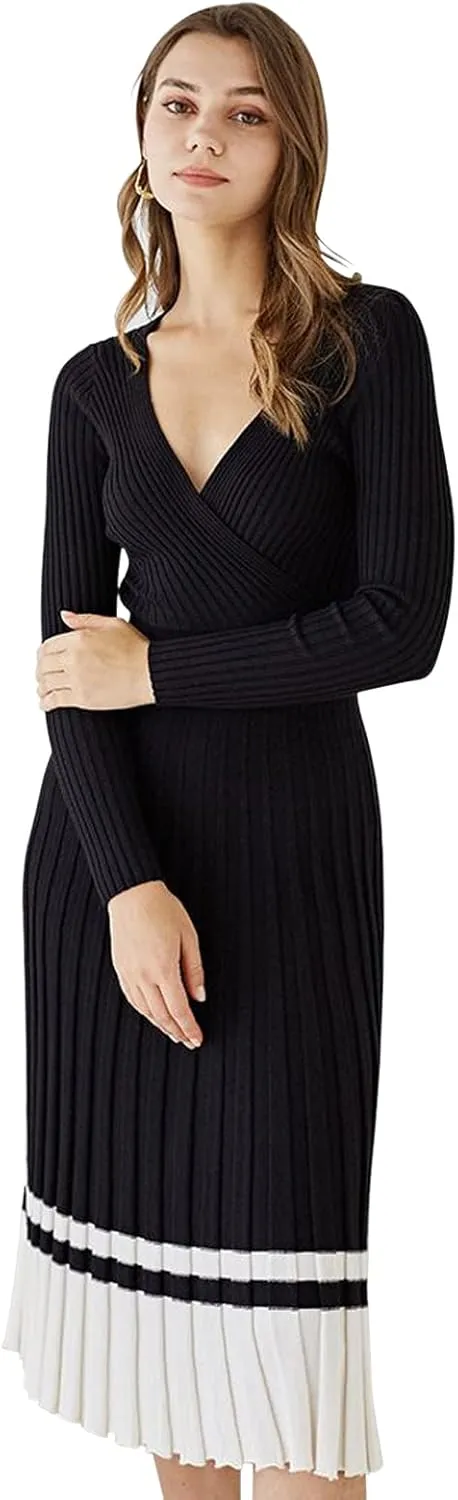 CHICWISH Women's Lilac/Black/Camel/Baby Blue V-Neck Soft Knit Contrast Hem Wrap Midi Dress