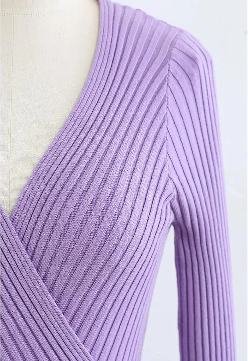 CHICWISH Women's Lilac/Black/Camel/Baby Blue V-Neck Soft Knit Contrast Hem Wrap Midi Dress