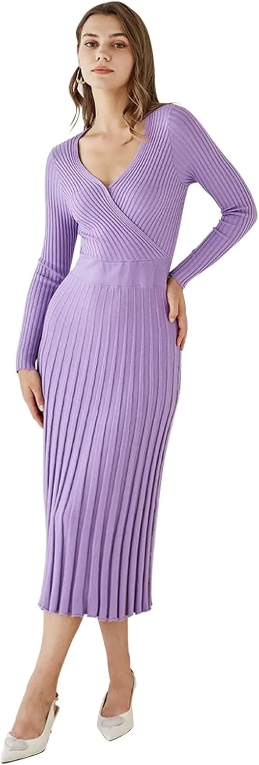 CHICWISH Women's Lilac/Black/Camel/Baby Blue V-Neck Soft Knit Contrast Hem Wrap Midi Dress