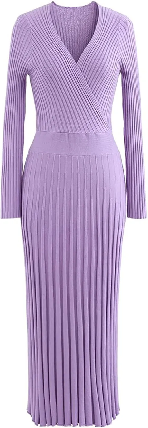 CHICWISH Women's Lilac/Black/Camel/Baby Blue V-Neck Soft Knit Contrast Hem Wrap Midi Dress