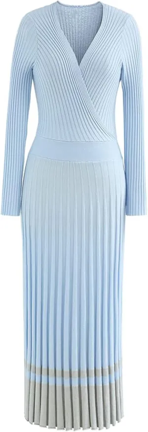 CHICWISH Women's Lilac/Black/Camel/Baby Blue V-Neck Soft Knit Contrast Hem Wrap Midi Dress