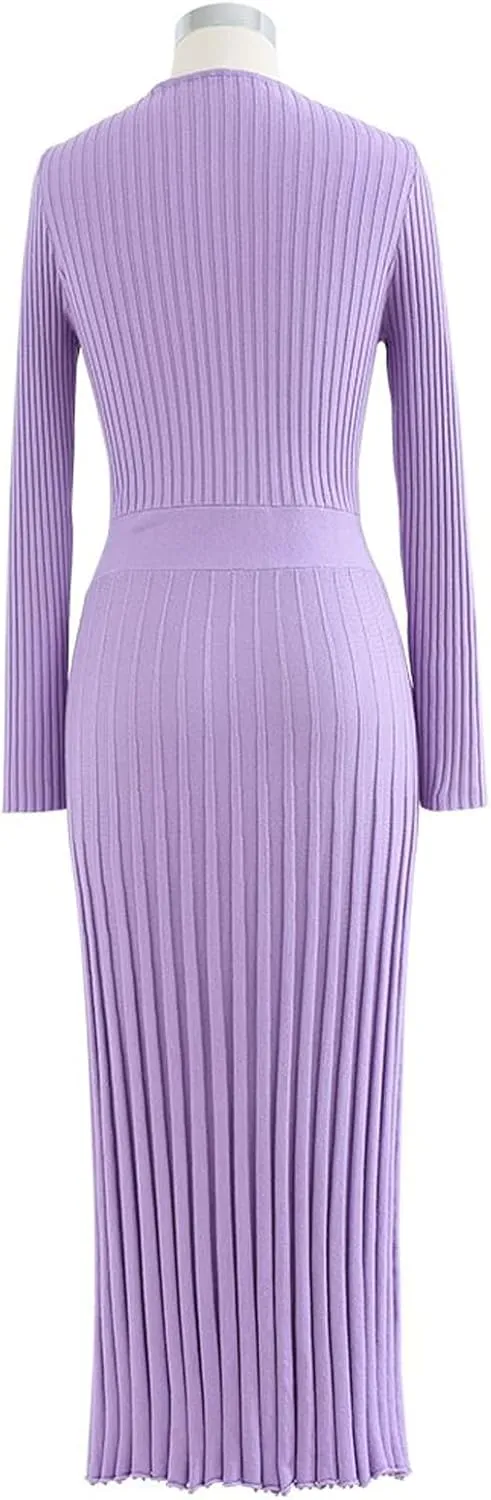 CHICWISH Women's Lilac/Black/Camel/Baby Blue V-Neck Soft Knit Contrast Hem Wrap Midi Dress