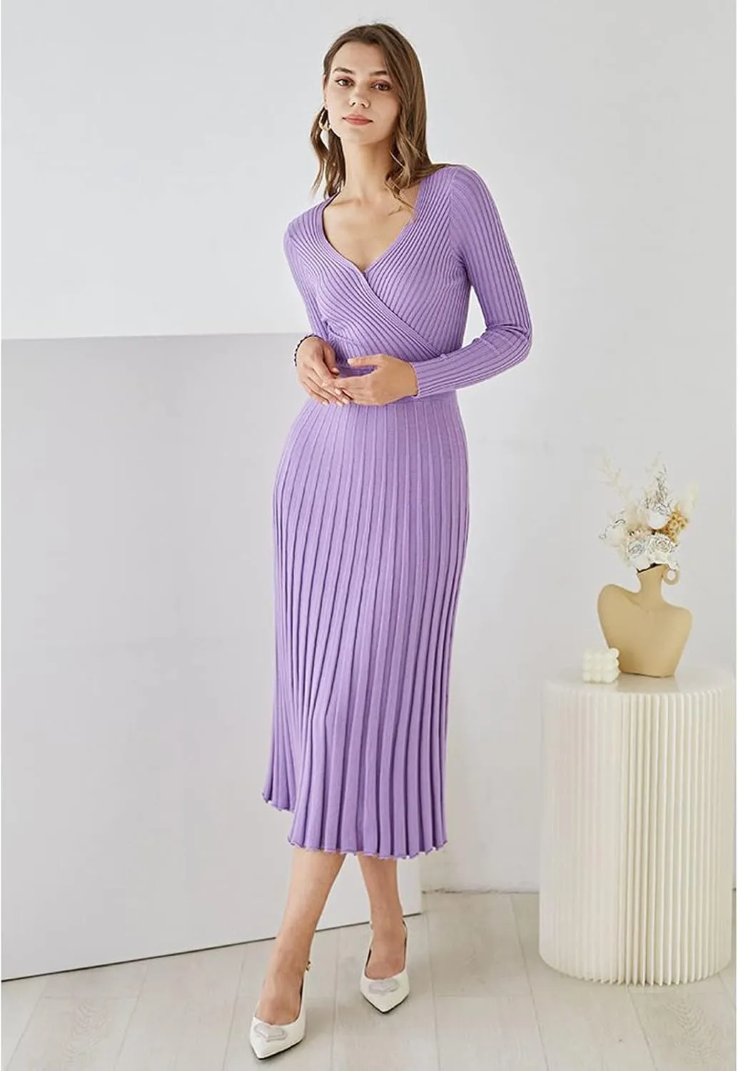 CHICWISH Women's Lilac/Black/Camel/Baby Blue V-Neck Soft Knit Contrast Hem Wrap Midi Dress