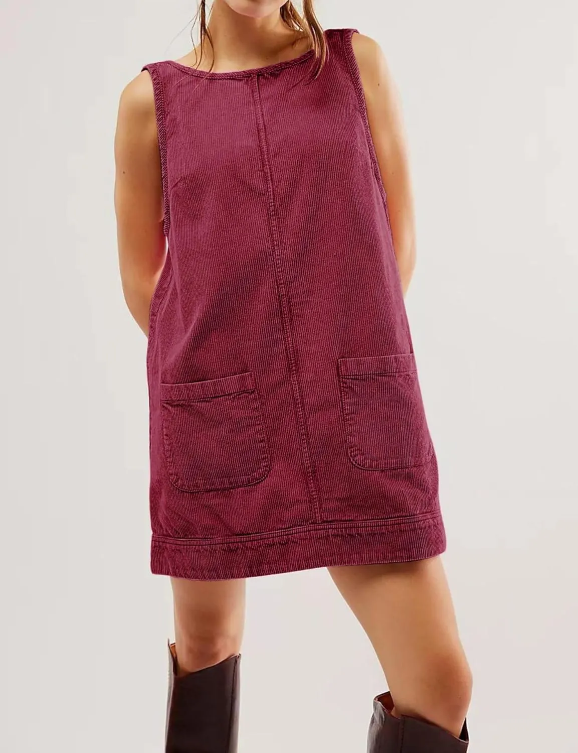 chouyatou Womens Corduroy Pinafore Overall Dress Skirtall Sleeveless Mini Tunic Dress Jumper Vest Dress
