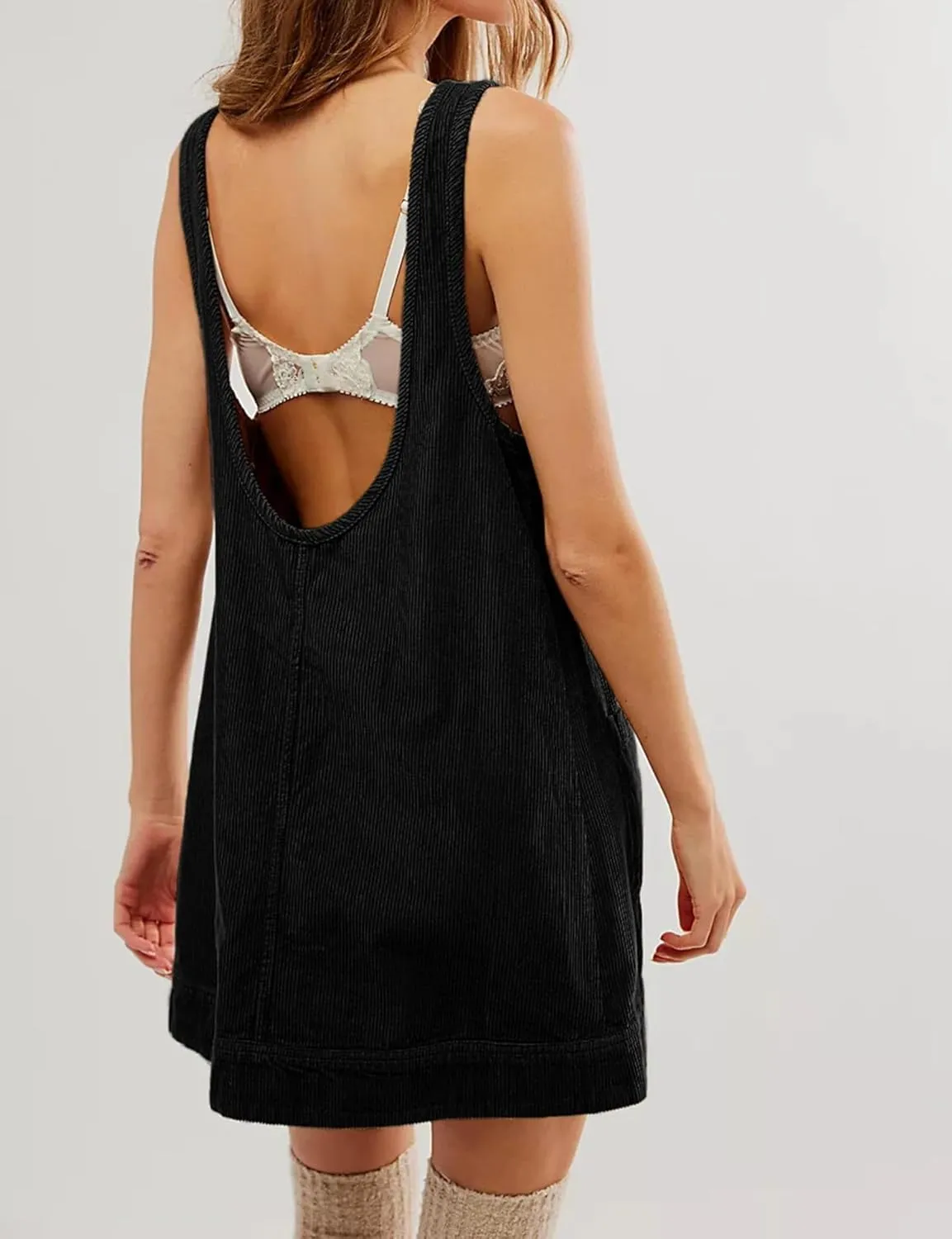 chouyatou Womens Corduroy Pinafore Overall Dress Skirtall Sleeveless Mini Tunic Dress Jumper Vest Dress