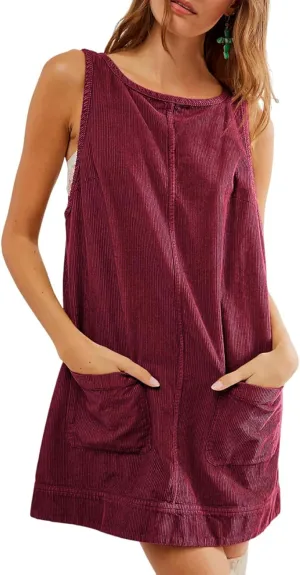 chouyatou Womens Corduroy Pinafore Overall Dress Skirtall Sleeveless Mini Tunic Dress Jumper Vest Dress