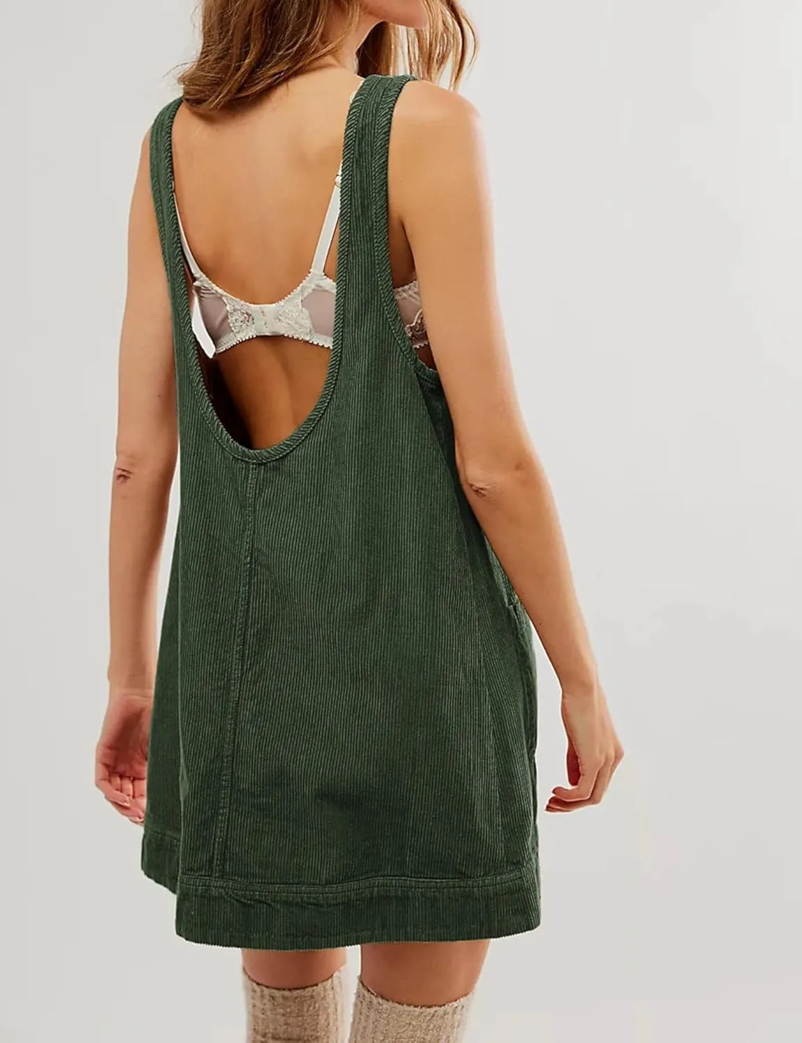 chouyatou Womens Corduroy Pinafore Overall Dress Skirtall Sleeveless Mini Tunic Dress Jumper Vest Dress