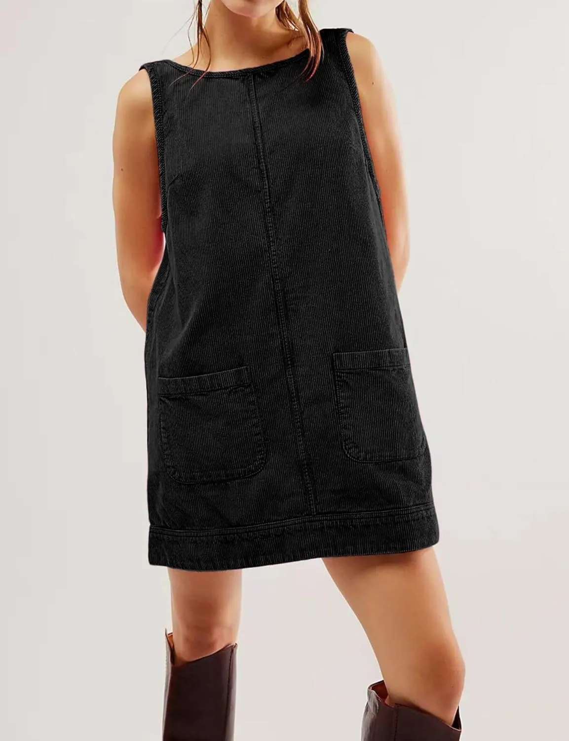 chouyatou Womens Corduroy Pinafore Overall Dress Skirtall Sleeveless Mini Tunic Dress Jumper Vest Dress