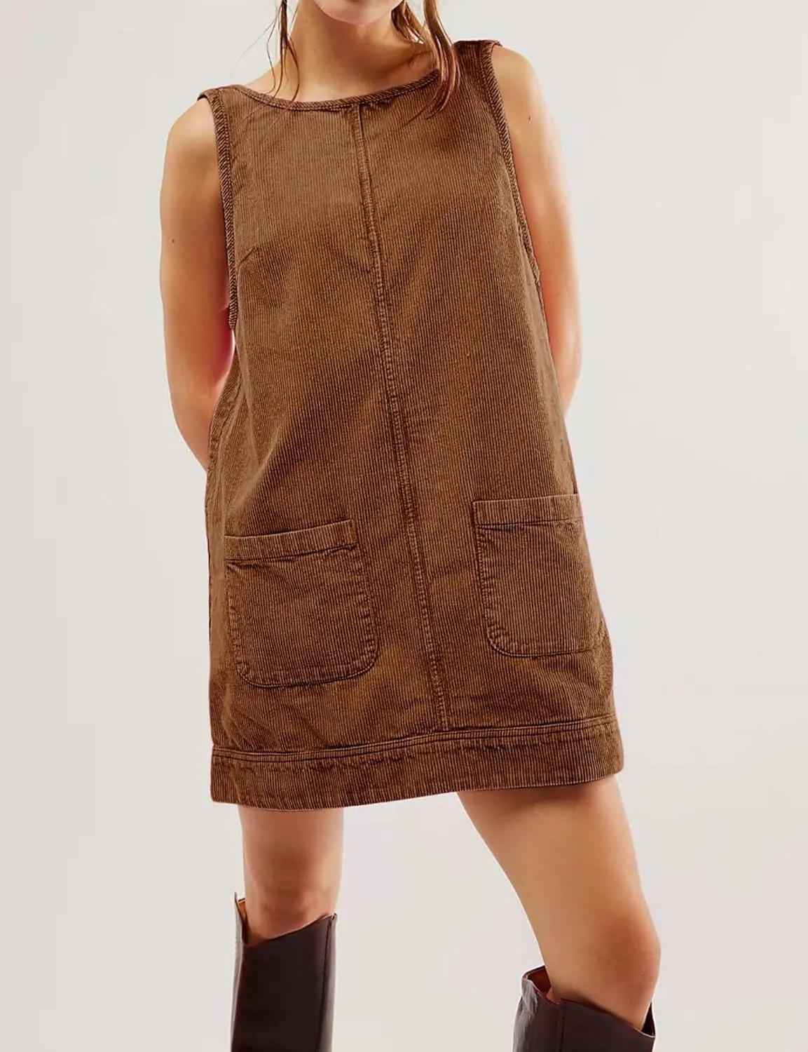 chouyatou Womens Corduroy Pinafore Overall Dress Skirtall Sleeveless Mini Tunic Dress Jumper Vest Dress