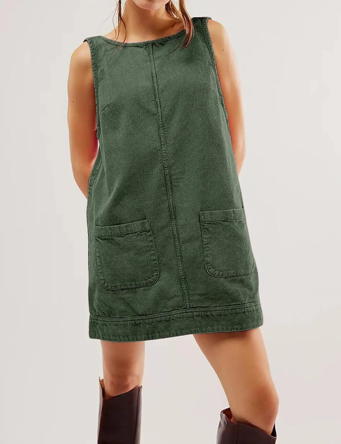 chouyatou Womens Corduroy Pinafore Overall Dress Skirtall Sleeveless Mini Tunic Dress Jumper Vest Dress