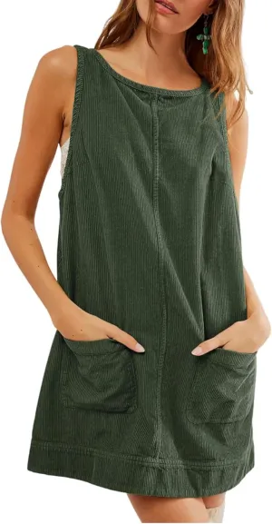 chouyatou Womens Corduroy Pinafore Overall Dress Skirtall Sleeveless Mini Tunic Dress Jumper Vest Dress