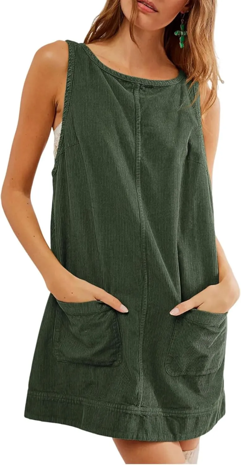 chouyatou Womens Corduroy Pinafore Overall Dress Skirtall Sleeveless Mini Tunic Dress Jumper Vest Dress