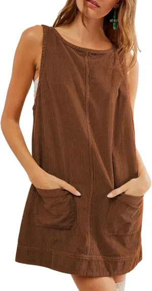 chouyatou Womens Corduroy Pinafore Overall Dress Skirtall Sleeveless Mini Tunic Dress Jumper Vest Dress