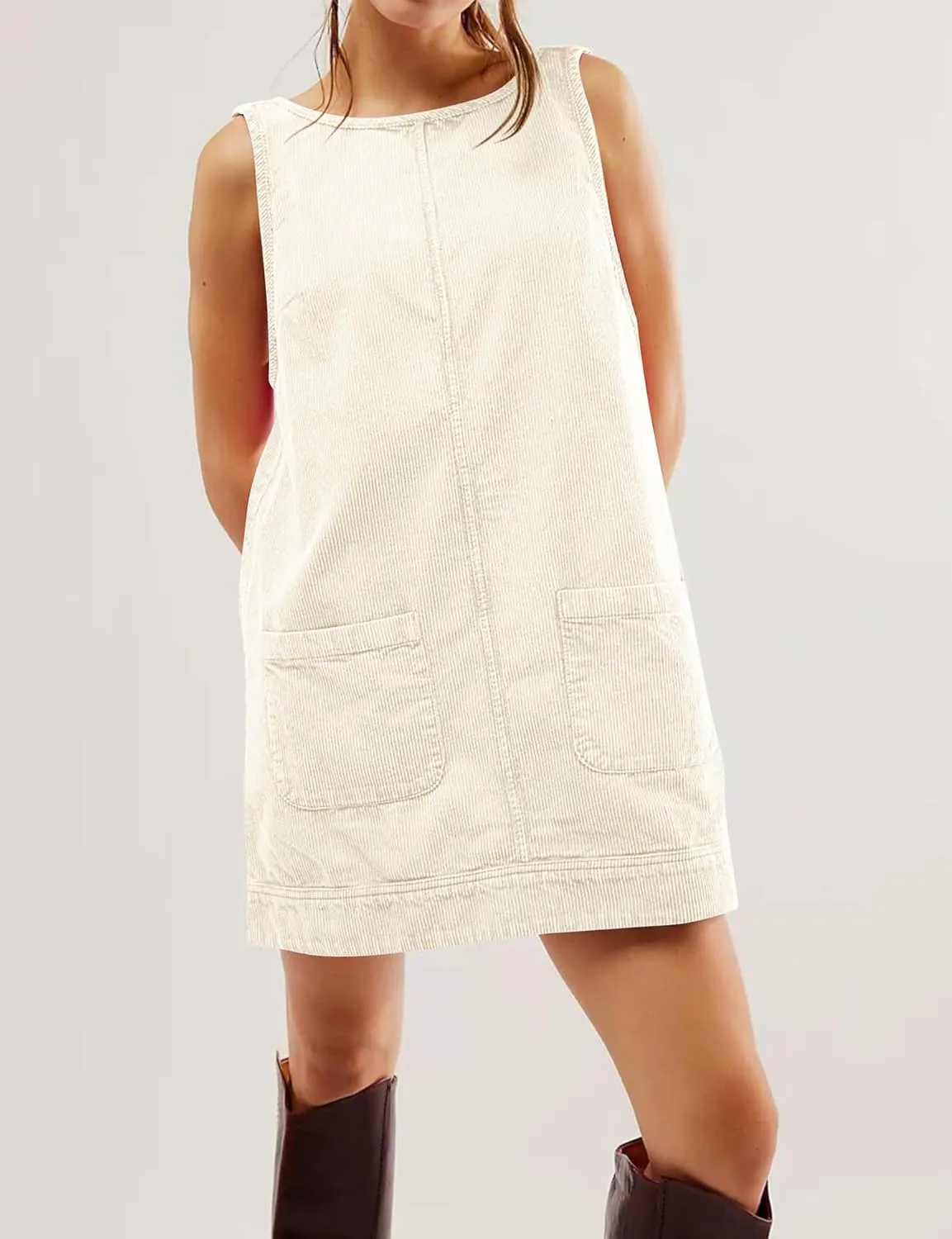 chouyatou Womens Corduroy Pinafore Overall Dress Skirtall Sleeveless Mini Tunic Dress Jumper Vest Dress