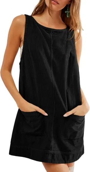 chouyatou Womens Corduroy Pinafore Overall Dress Skirtall Sleeveless Mini Tunic Dress Jumper Vest Dress