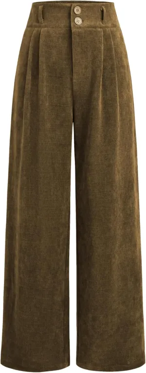CIDER Corduroy High Waist Solid Pleated Wide Leg Trousers