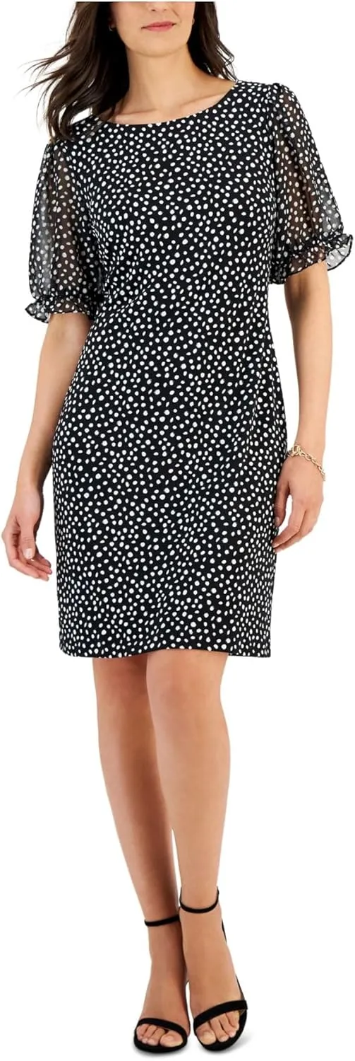 Connected Apparel Womens Knee Length Sheer Sleeve Sheath Dress Black 4