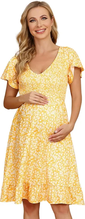 Coolmee Women's Ruffle Smocked Maternity Dress Floral Short Sleeve V Neck Knee Length Dress for Baby Shower Photoshoot Casual Yellow M