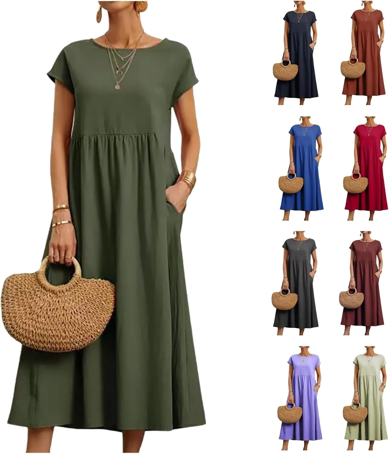 Cotton Dresses with Pockets for Women Casual Summer Midi Dress Solid Plus Size Short Sleeve Knee Length T Shirt Dress