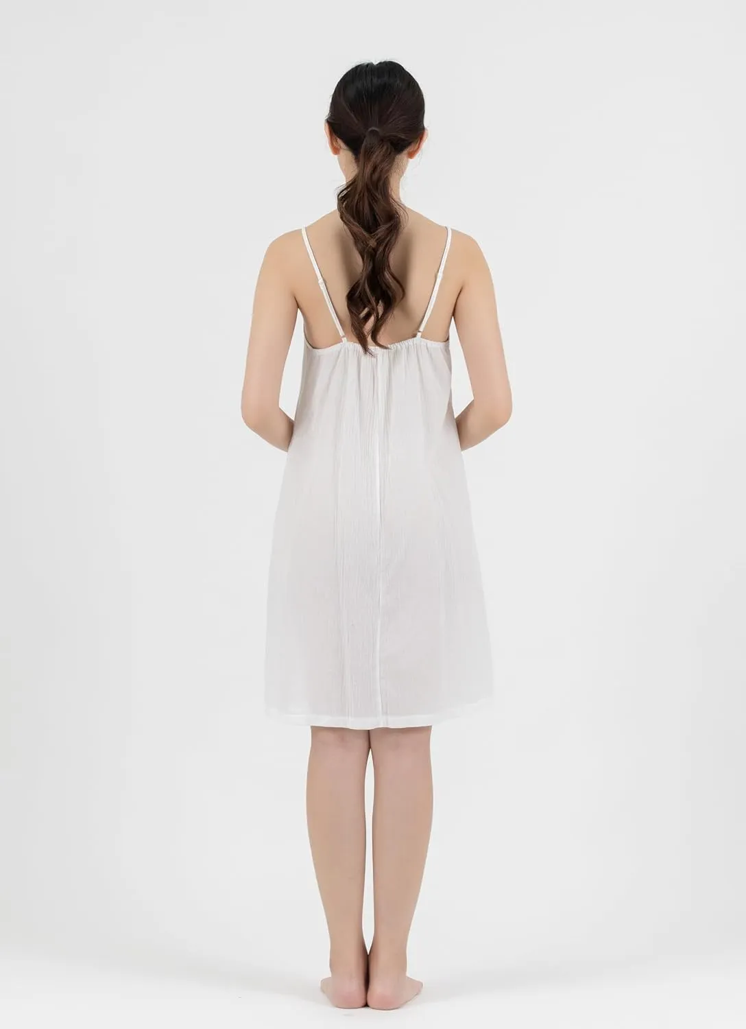Cotton Full Slip Under Dress Knee Length Adjustable Spaghetti Strap Undergarment Nightwear (XS/S, White)