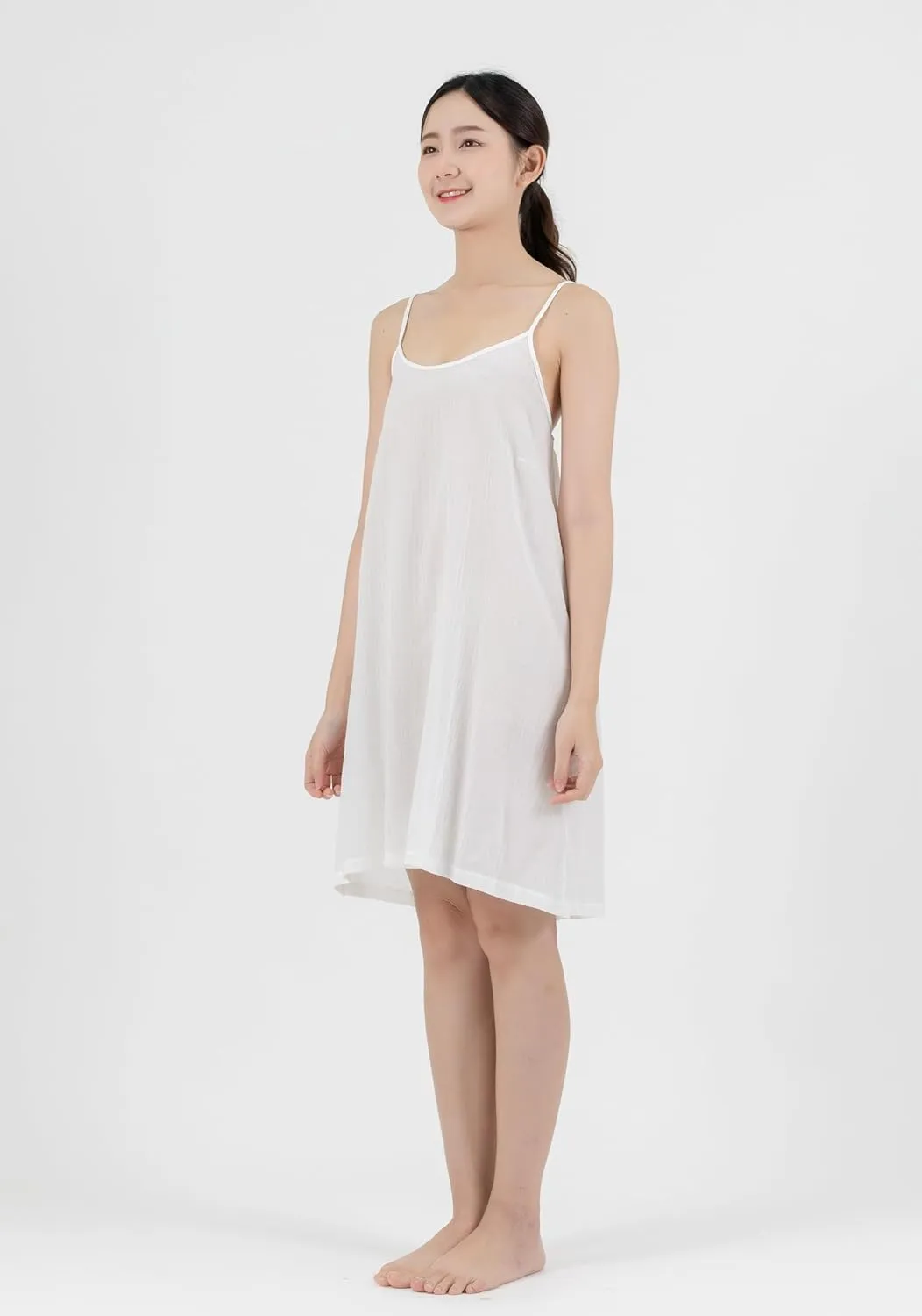 Cotton Full Slip Under Dress Knee Length Adjustable Spaghetti Strap Undergarment Nightwear (XS/S, White)