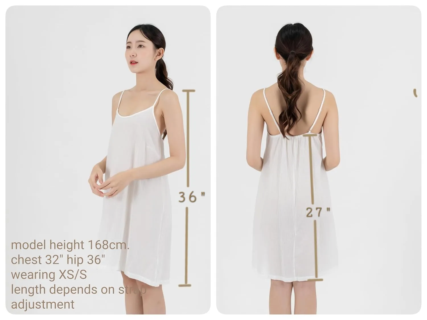 Cotton Full Slip Under Dress Knee Length Adjustable Spaghetti Strap Undergarment Nightwear (XS/S, White)