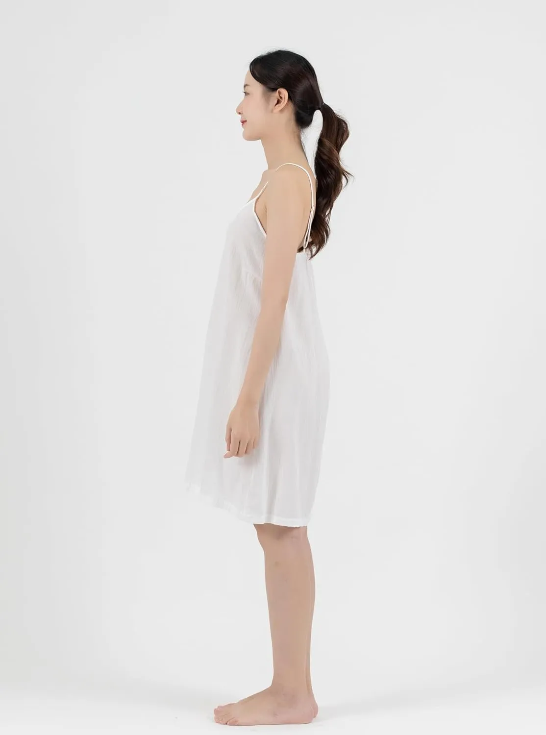 Cotton Full Slip Under Dress Knee Length Adjustable Spaghetti Strap Undergarment Nightwear (XS/S, White)