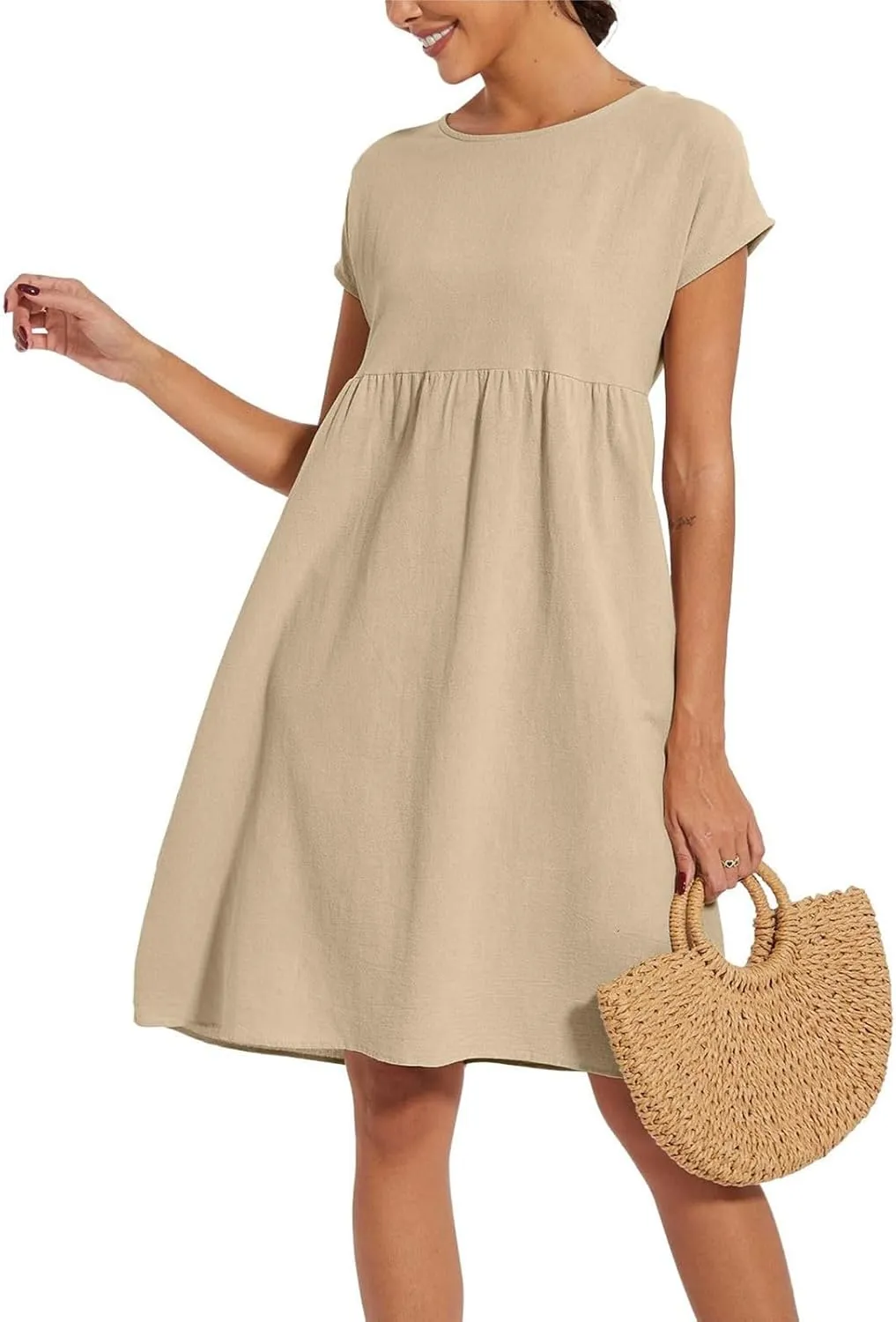 Cotton Linen Dress Womens Casual Summer Cap Sleeve Midi Dress A Line Flowy Knee Length T Shirt Dress with Pockets