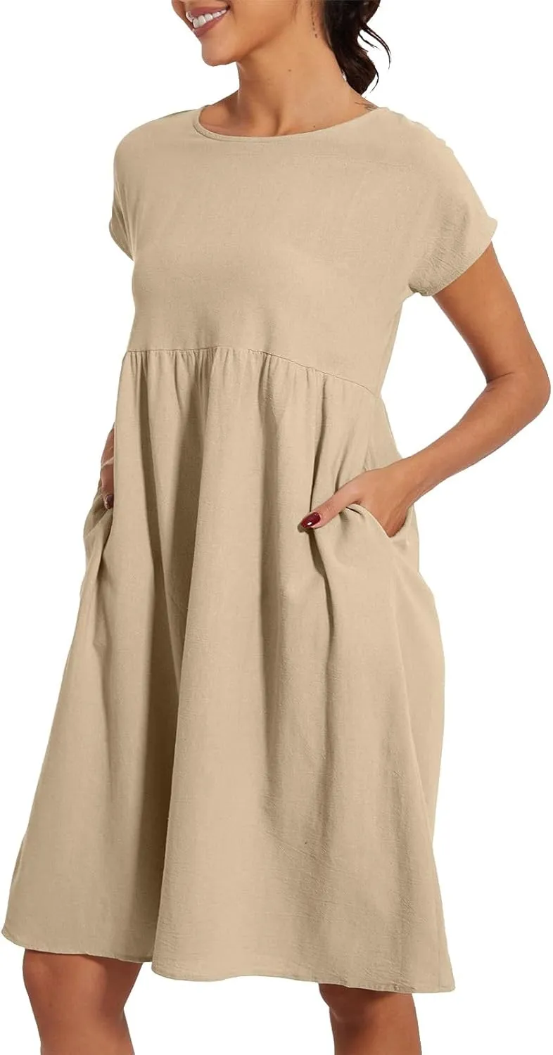 Cotton Linen Dress Womens Casual Summer Cap Sleeve Midi Dress A Line Flowy Knee Length T Shirt Dress with Pockets