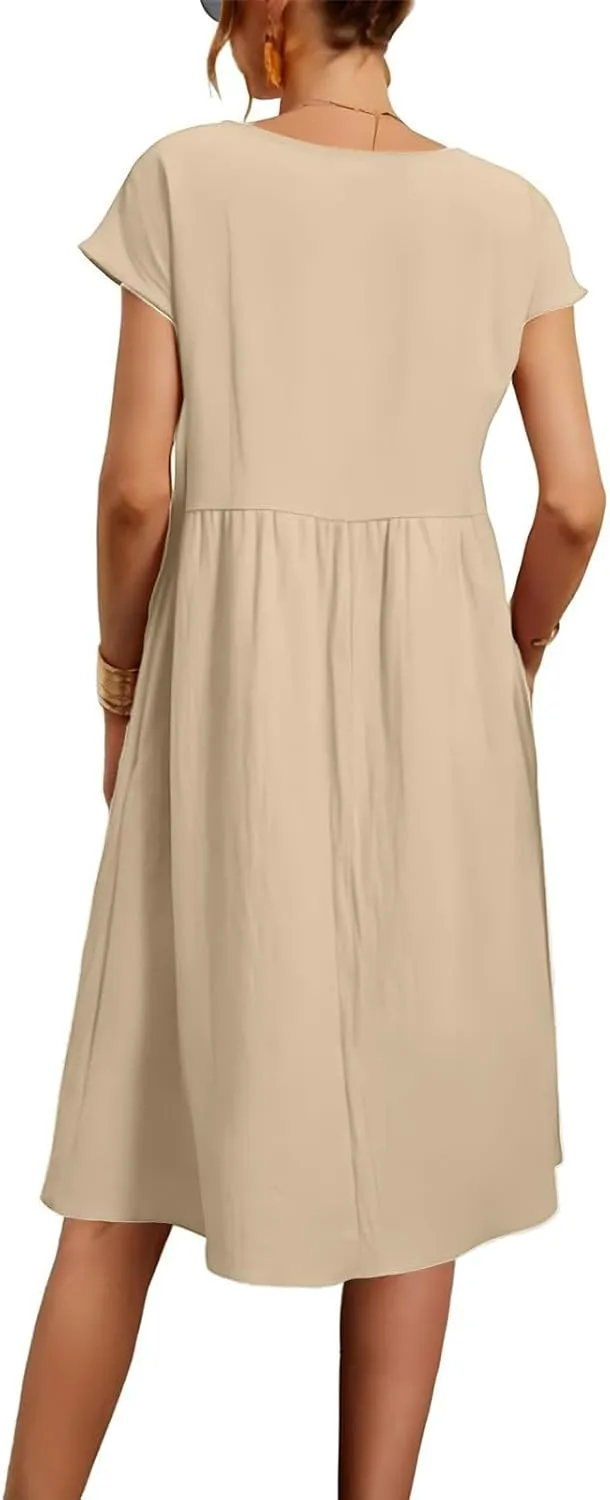 Cotton Linen Dress Womens Casual Summer Cap Sleeve Midi Dress A Line Flowy Knee Length T Shirt Dress with Pockets