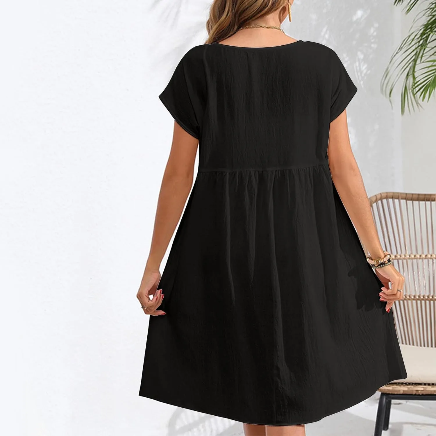 Cotton Linen Dresses for Women Casual Summer Short Sleeve Crew Neck Midi Dress Travel Vacation Beach Flowy Dress