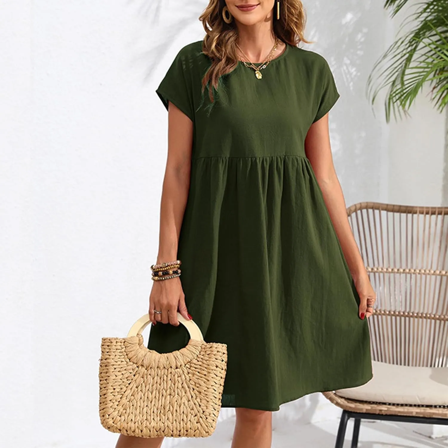 Cotton Linen Dresses for Women Casual Summer Short Sleeve Crew Neck Midi Dress Travel Vacation Beach Flowy Dress