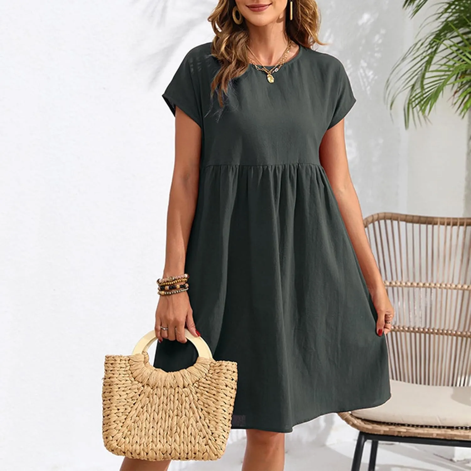 Cotton Linen Dresses for Women Casual Summer Short Sleeve Crew Neck Midi Dress Travel Vacation Beach Flowy Dress